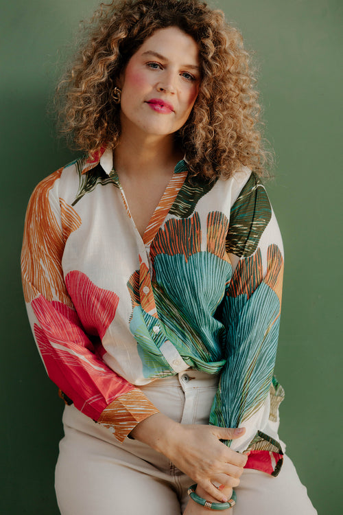 Bedruckte Baumwollbluse mit Ginkgo-Motiv-Paprika-1