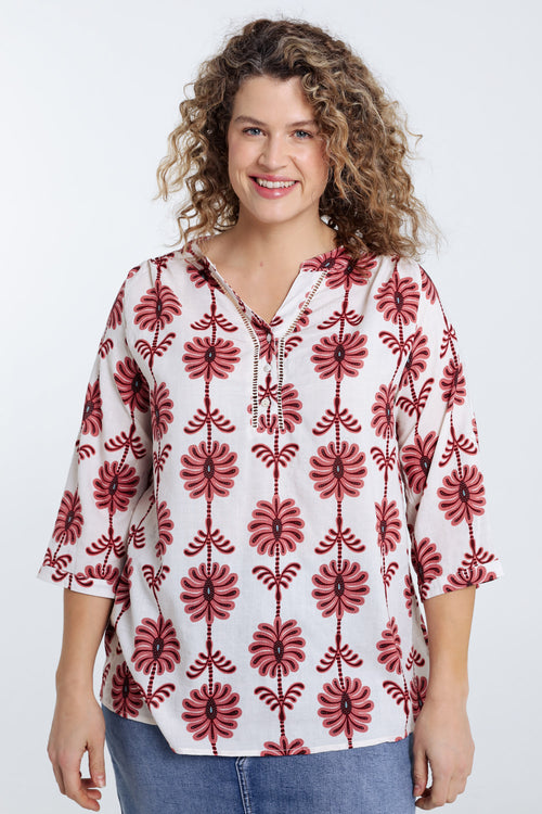 Bluse mit Durchbruchdetails und zweifarbigem Druck-Paprika-1