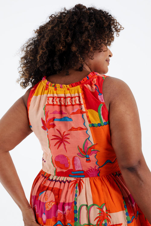 Kleid aus bedruckter Baumwolle mit tropischem Muster-Paprika-6