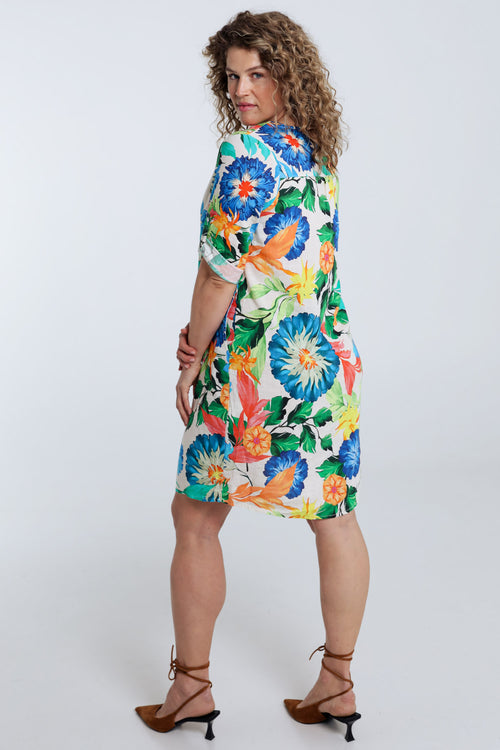 Leinen- und Viskose-Tunika-Kleid mit floralem Druck-Paprika-2