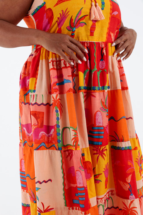 Kleid aus bedruckter Baumwolle mit tropischem Muster-Paprika-4