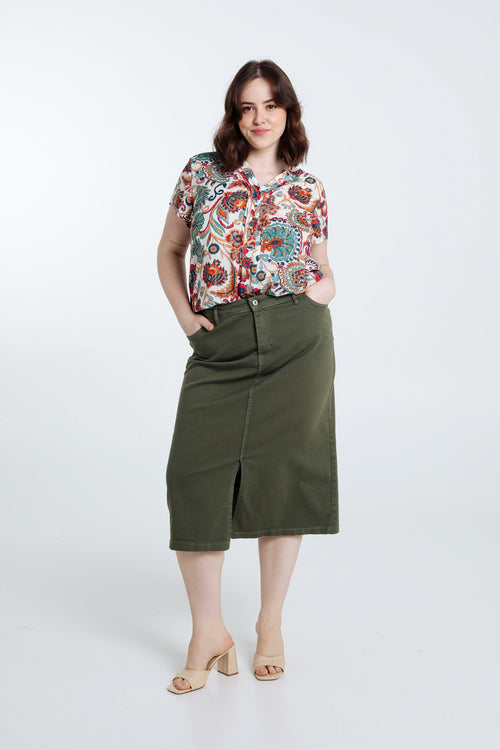 Halblanger, unifarbener Rock mit Schlitz vorne-Paprika-8