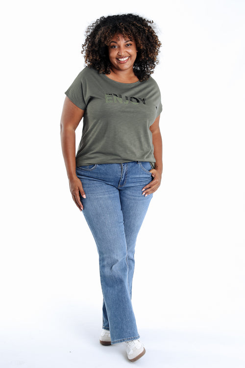 Uni Baumwoll-T-Shirt „Enjoy“ mit Pailletten-Paprika-9
