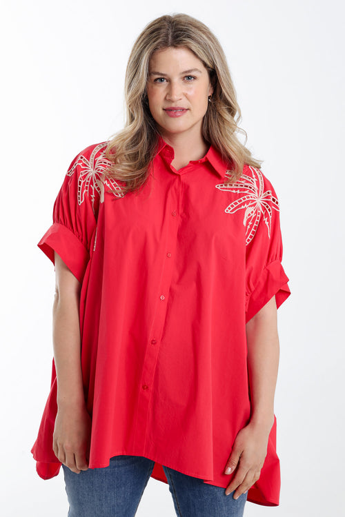 Oversized-Hemd aus einfarbigem Baumwollstoff mit Stickereien-Paprika-1