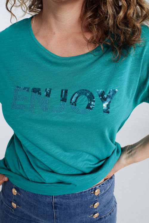 Einfarbiges T-Shirt mit Enjoy-Stickerei und Pailletten-Paprika-5