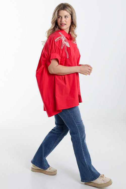Oversized-Hemd aus einfarbigem Baumwollstoff mit Stickereien-Paprika-8
