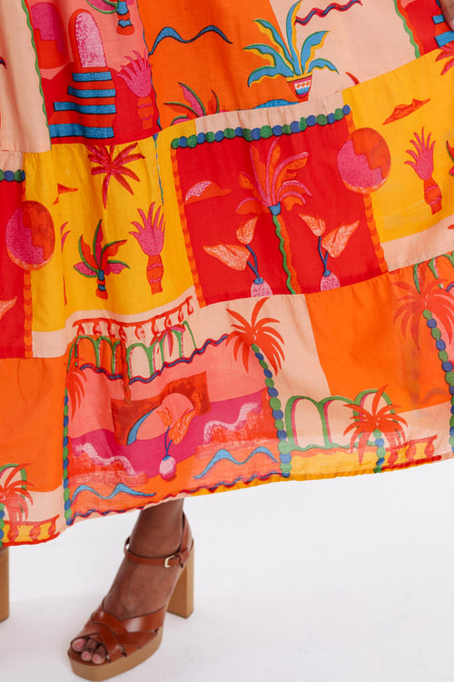 Kleid aus bedruckter Baumwolle mit tropischem Muster-Paprika-5