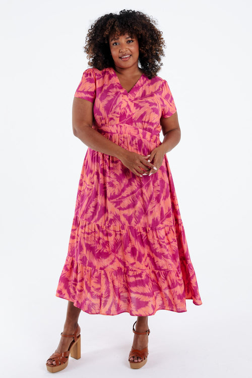 Langes Kleid aus bedruckter Viskose mit Blattmuster-Paprika-1