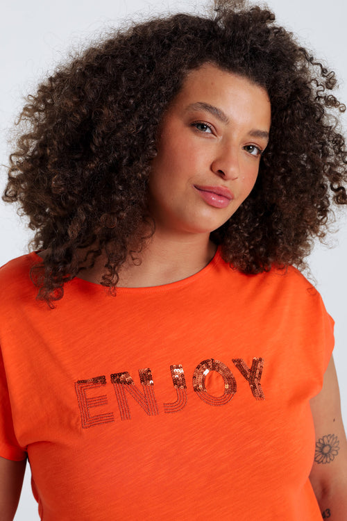 Einfarbiges T-Shirt mit Enjoy-Stickerei und Pailletten-Paprika-4