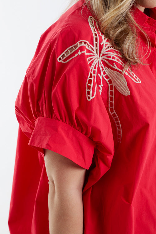Oversized-Hemd aus einfarbigem Baumwollstoff mit Stickereien-Paprika-6