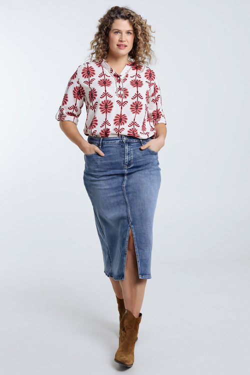 Bluse mit Durchbruchdetails und zweifarbigem Druck-Paprika-9
