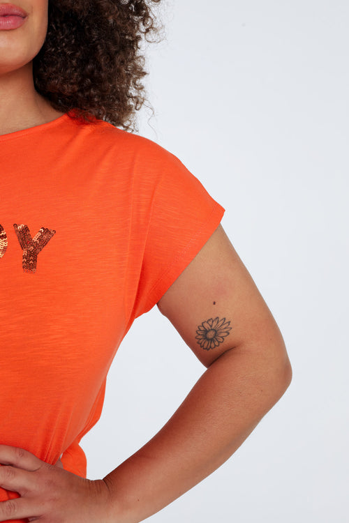 Einfarbiges T-Shirt mit Enjoy-Stickerei und Pailletten-Paprika-5