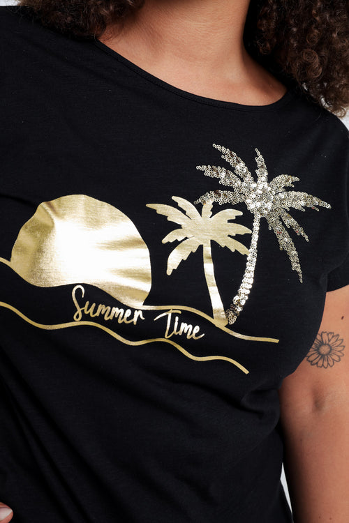 T-Shirt aus Baumwolle mit Folien-Print von Palmen und Pailletten-Paprika-4