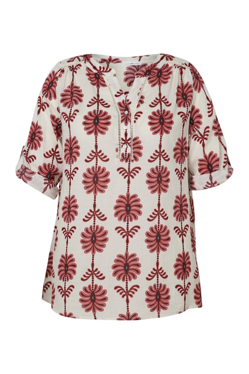 Bluse mit Durchbruchdetails und zweifarbigem Druck-Paprika-10