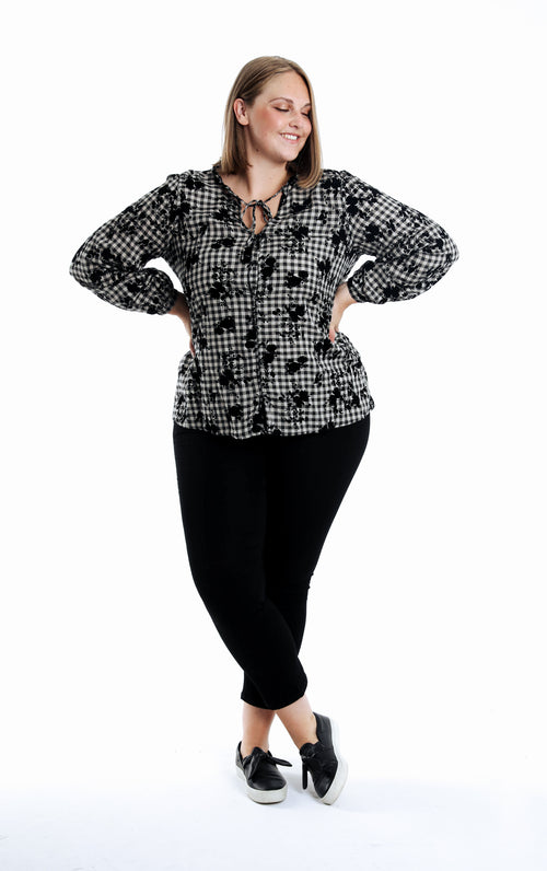 Bluse aus Baumwolle mit Vichy-Karos und flockbedruckten Blumen-Paprika-7