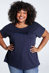 Unifarbenes T-Shirt mit der Aufschrift ‚HOPE‘ als Stickerei und Pailletten